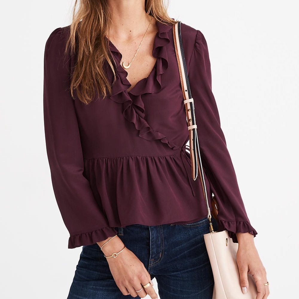 Madewell Silk Ruffle-Hem Wrap Top XS